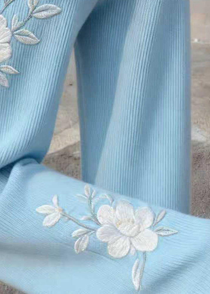 Art Blue Embroidered Floral Knit Straight Pants Spring
