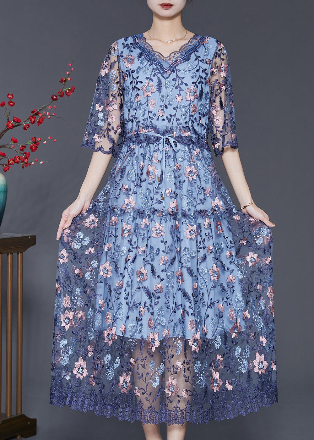 Art Blue Embroidered Tulle Cinched Dress Summer