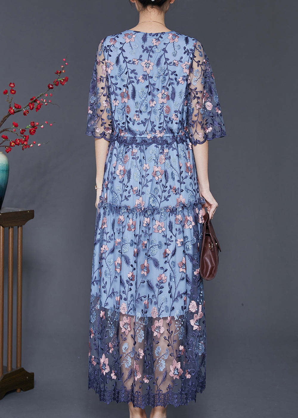 Art Blue Embroidered Tulle Cinched Dress Summer