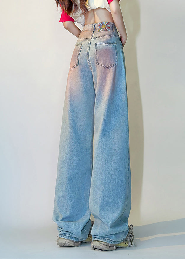 Art Blue Gradient Color Pockets High Waist Denim Pants Spring