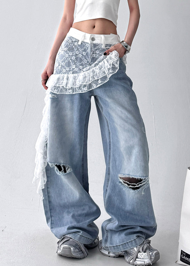 Art Blue Hole Lace Patchwork Denim Pants Fall