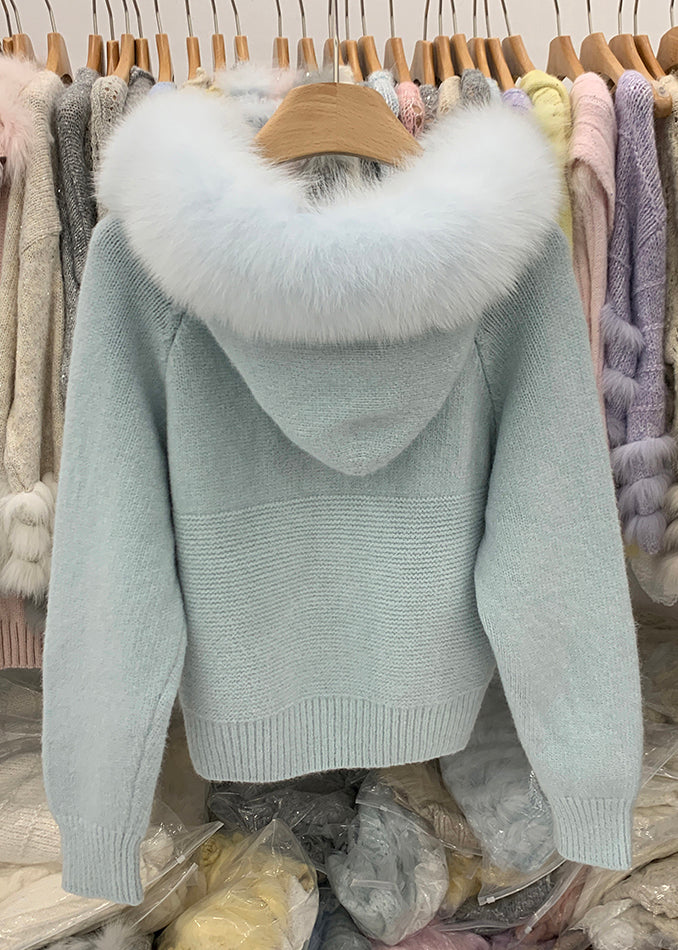 Art Blue Hooded Fox Collar Patchwork Knit Coat Winter