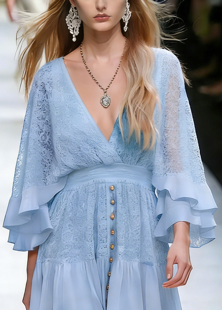 Art Blue Lace Patchwork Tunic Mid Dress Spring - Omychic