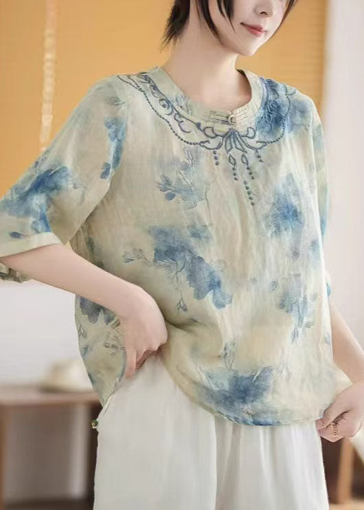 Art Blue Mandarin Collar Print Linen Top Summer