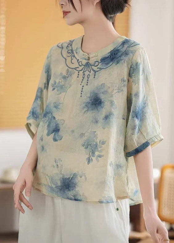 Art Blue Mandarin Collar Print Linen Top Summer