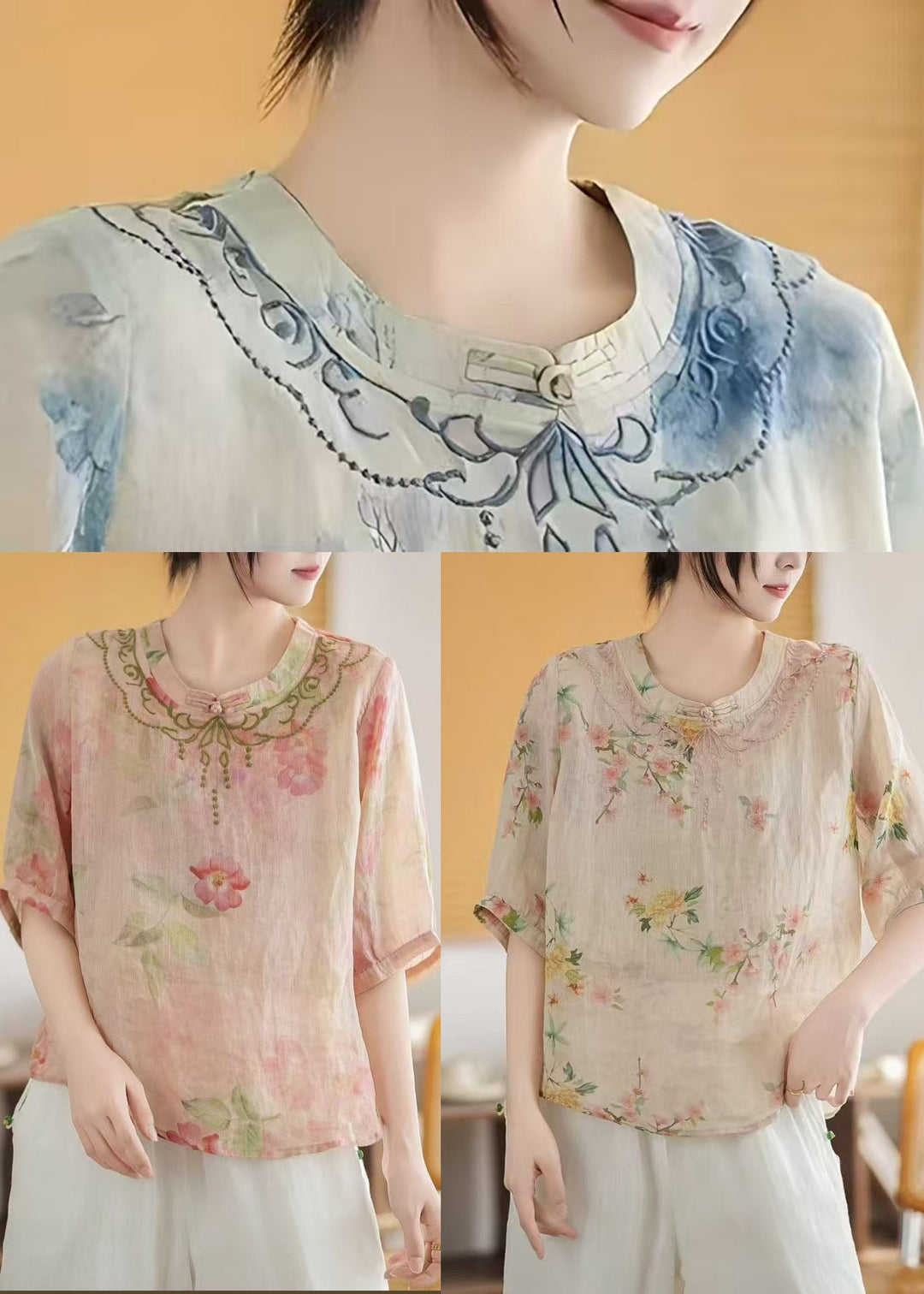 Art Blue Mandarin Collar Print Linen Top Summer