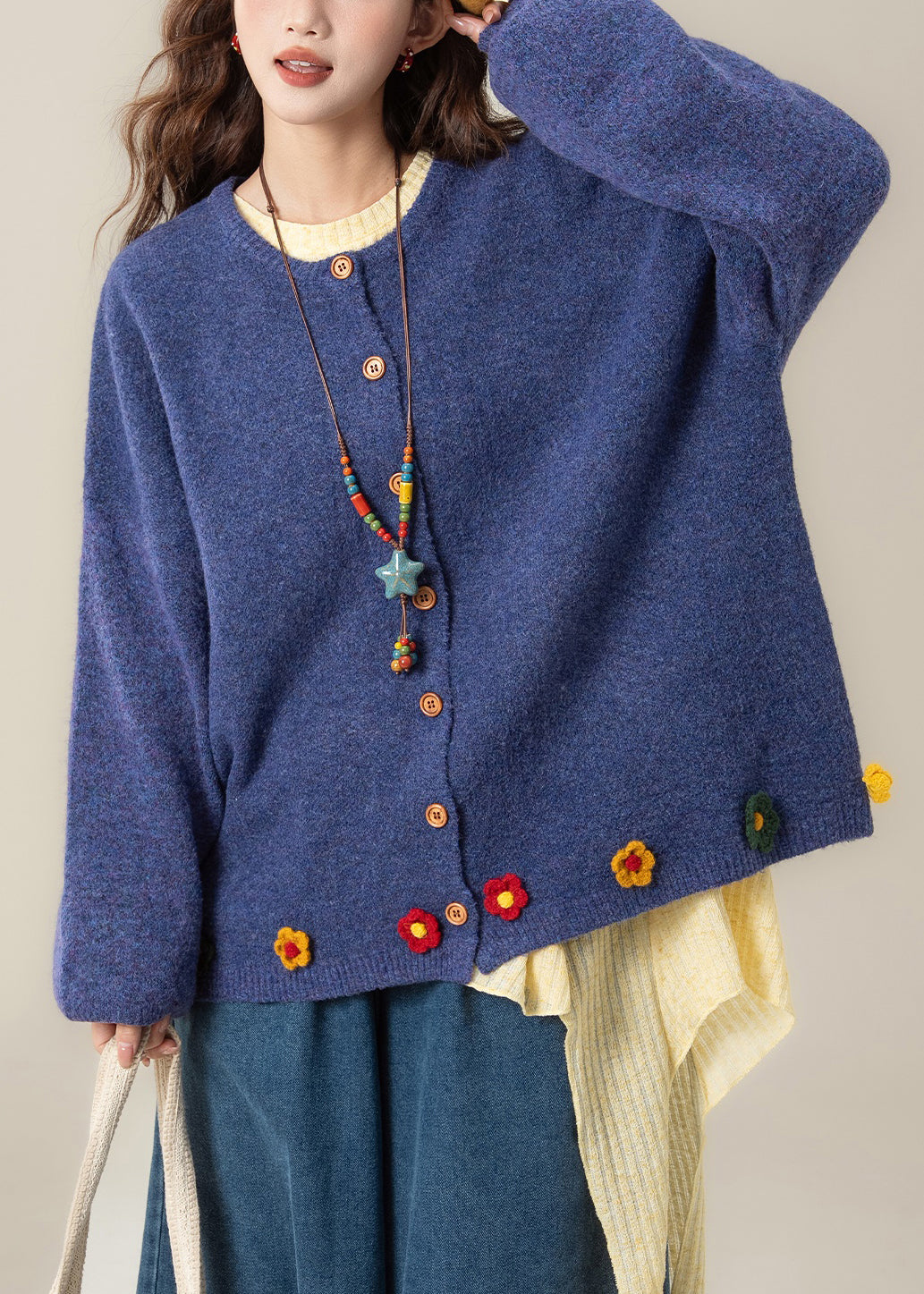 Art Blue O Neck Button Floral Knit Coat Spring
