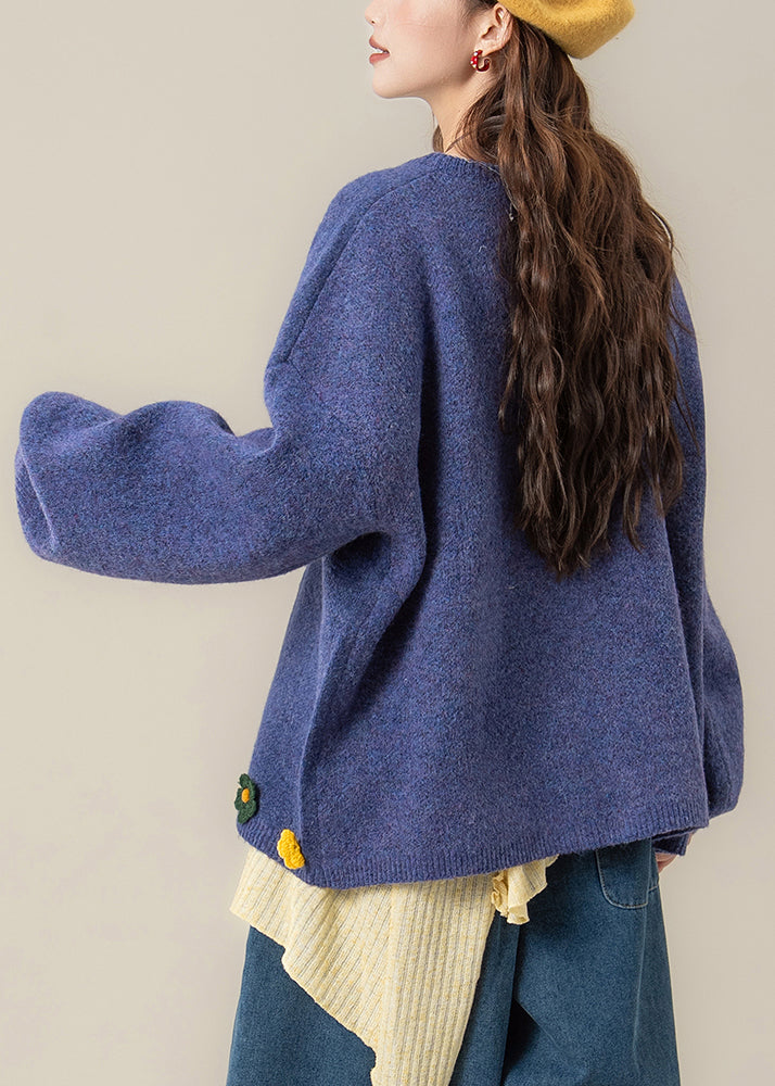 Art Blue O Neck Button Floral Knit Coat Spring