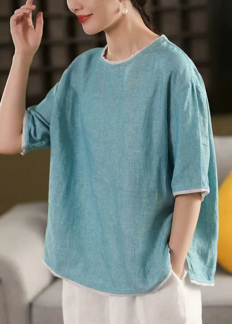 Art Blue O-Neck Patchwork Linen Tank Tops Half Sleeve