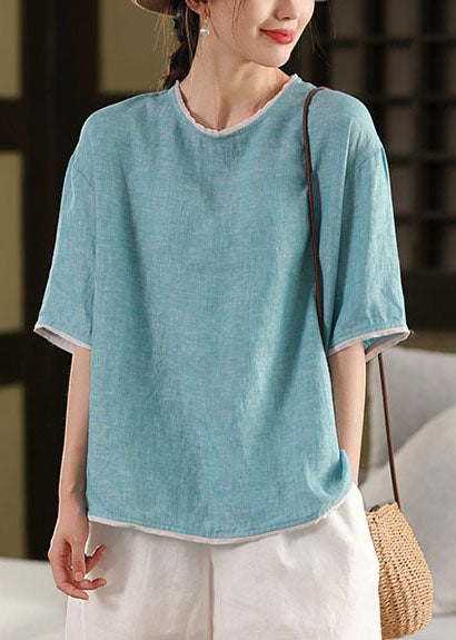 Art Blue O-Neck Patchwork Linen Tank Tops Half Sleeve