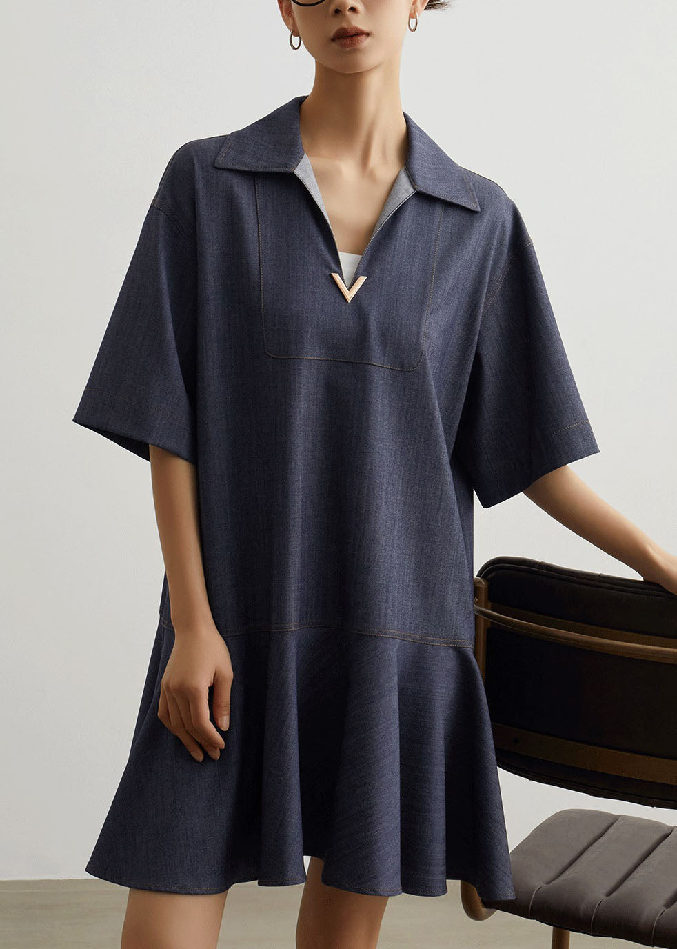 Art Blue Peter Pan Collar Patchwork Denim T Shirt Dress Summer