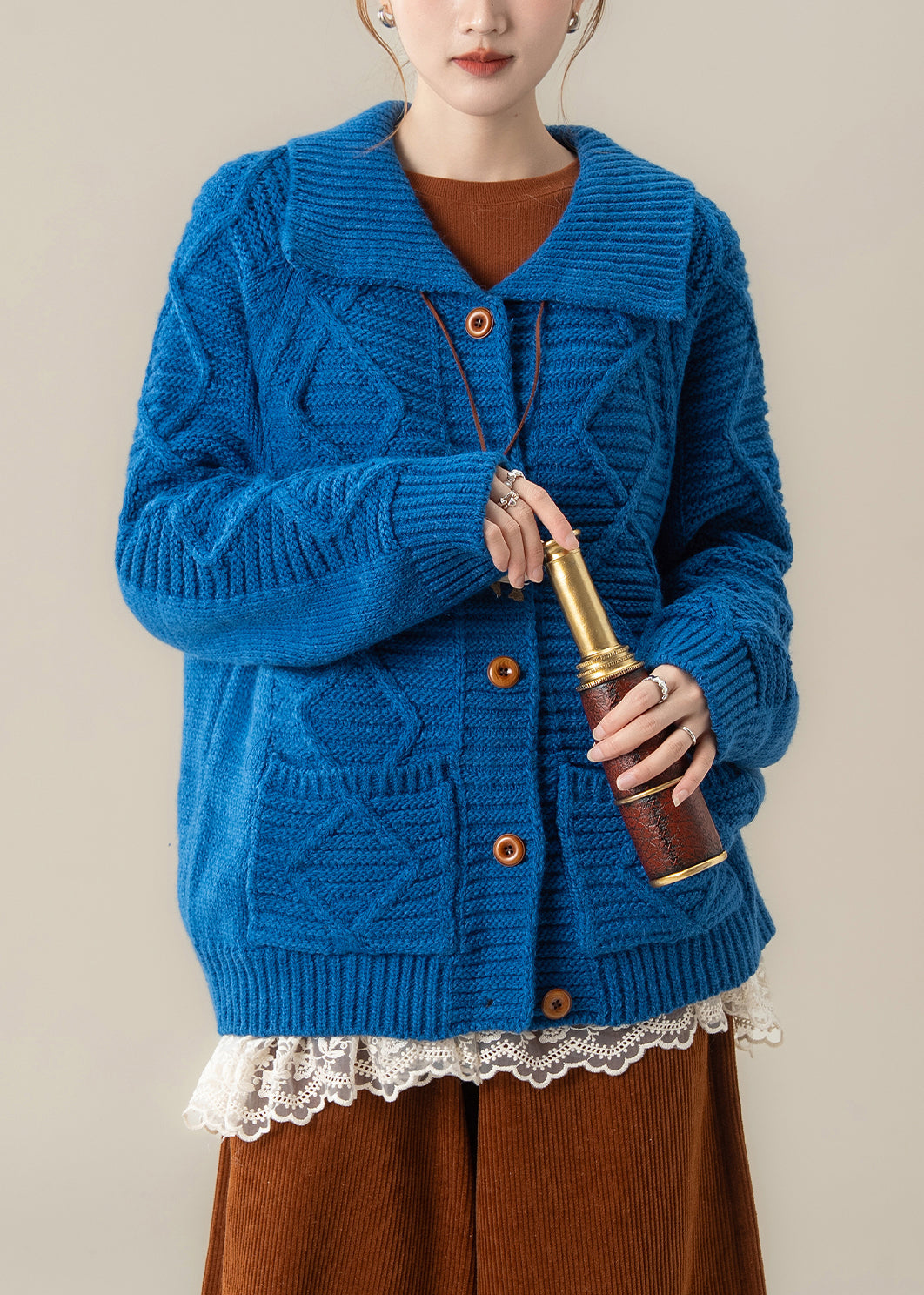 Art Blue Peter Pan Collar Pockets Cable Knit Loose Coat Winter