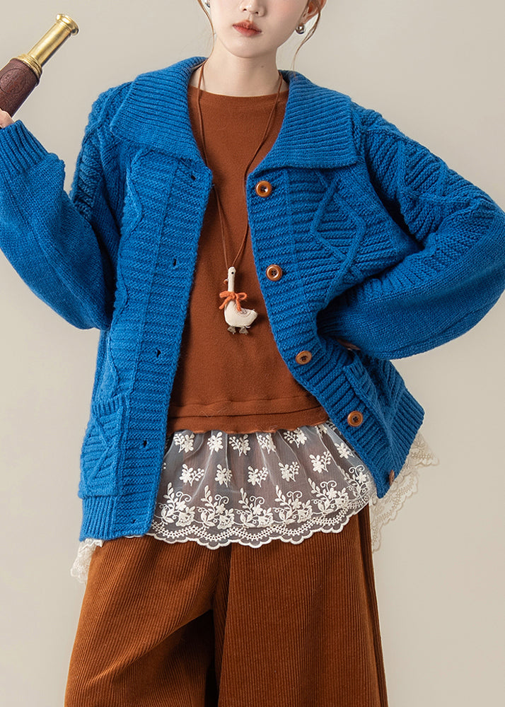 Art Blue Peter Pan Collar Pockets Cable Knit Loose Coat Winter