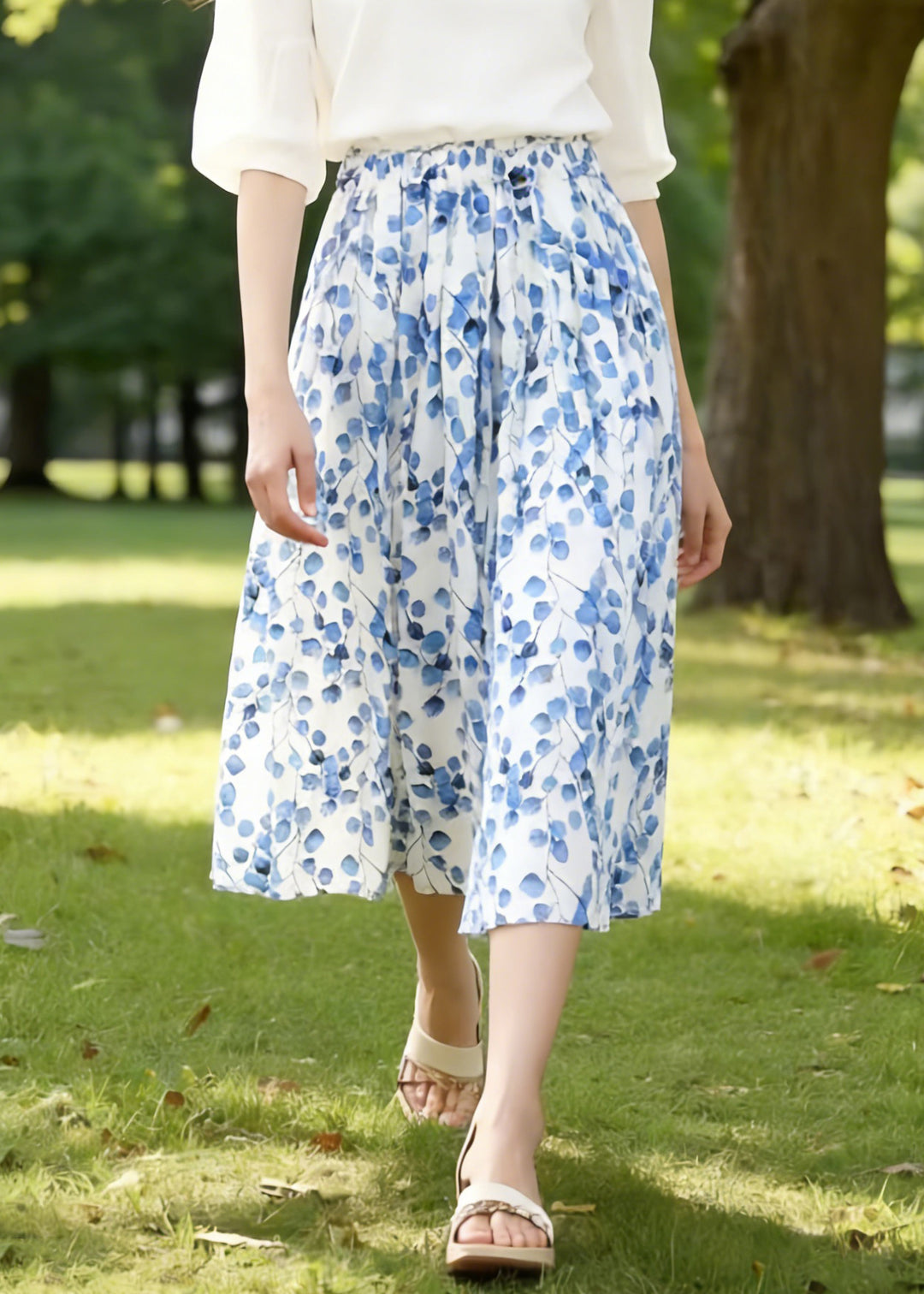 Art Blue Print Elastic Waist Cotton Skirts Summer