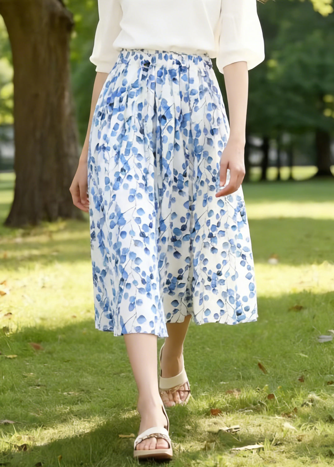 Art Blue Print Elastic Waist Cotton Skirts Summer