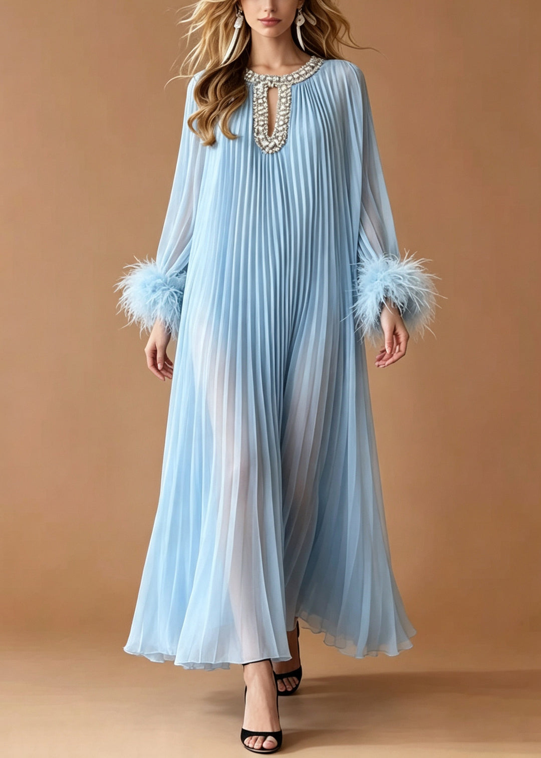 Art Blue Rhinestone Patchwork Faux Fur Chiffon Pleated Dresses Summer