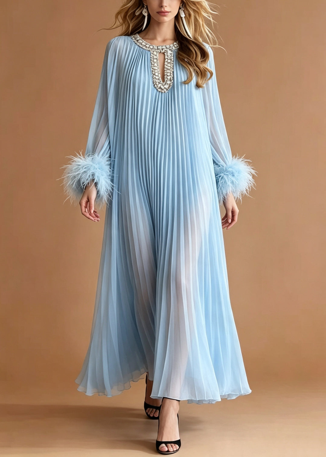 Art Blue Rhinestone Patchwork Faux Fur Chiffon Pleated Dresses Summer