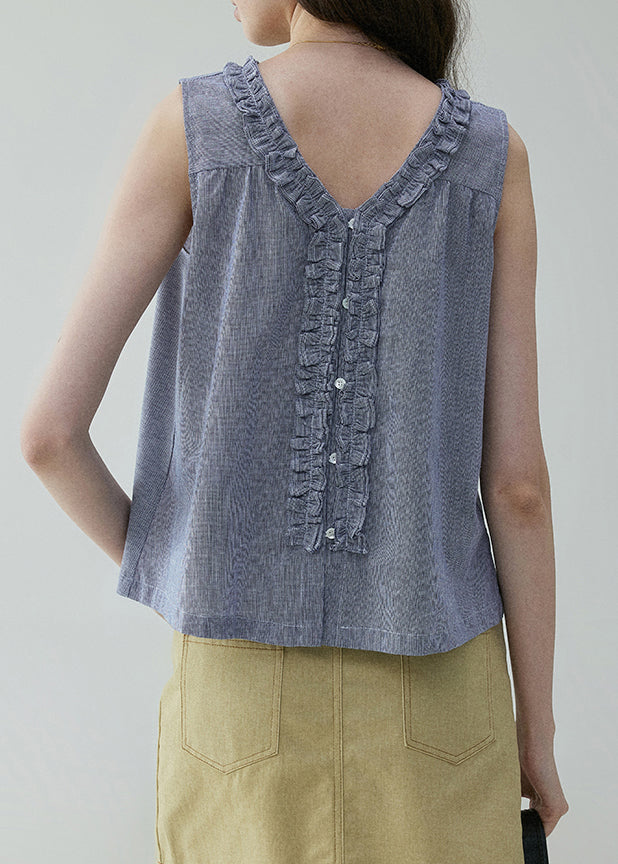 Art Blue Ruffled Button Wear On Both Sides Cotton Blouses Sleeveless