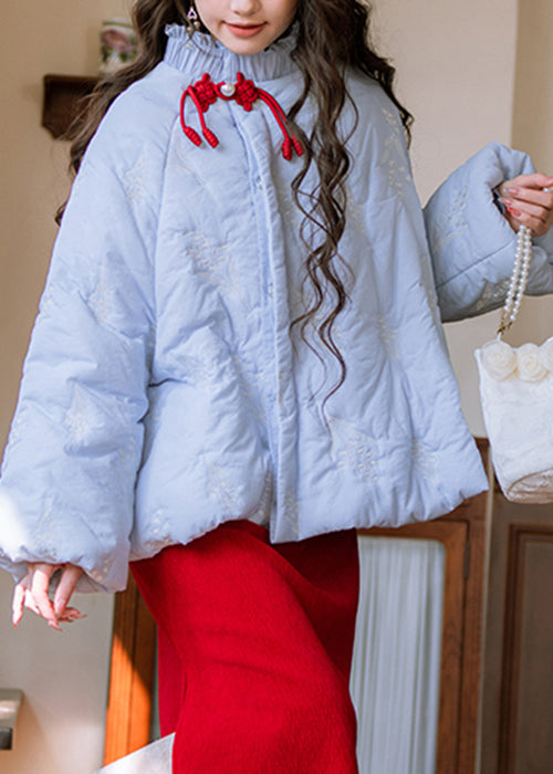 Art Blue Ruffled Embroidered Button Cotton Filled Parkas Winter