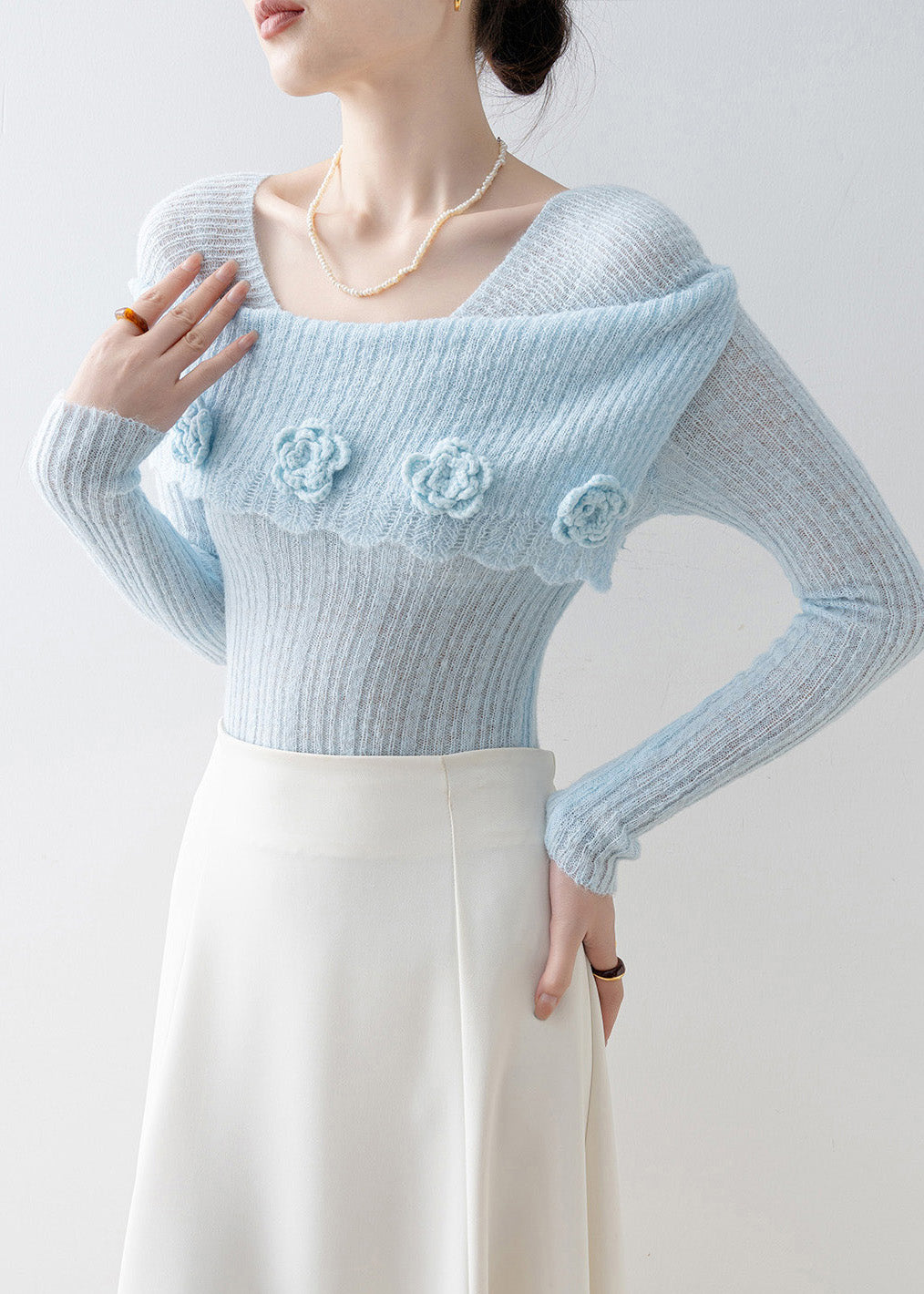 Art Blue Slash Neck Floral Slim Fit Knitted Tops Spring