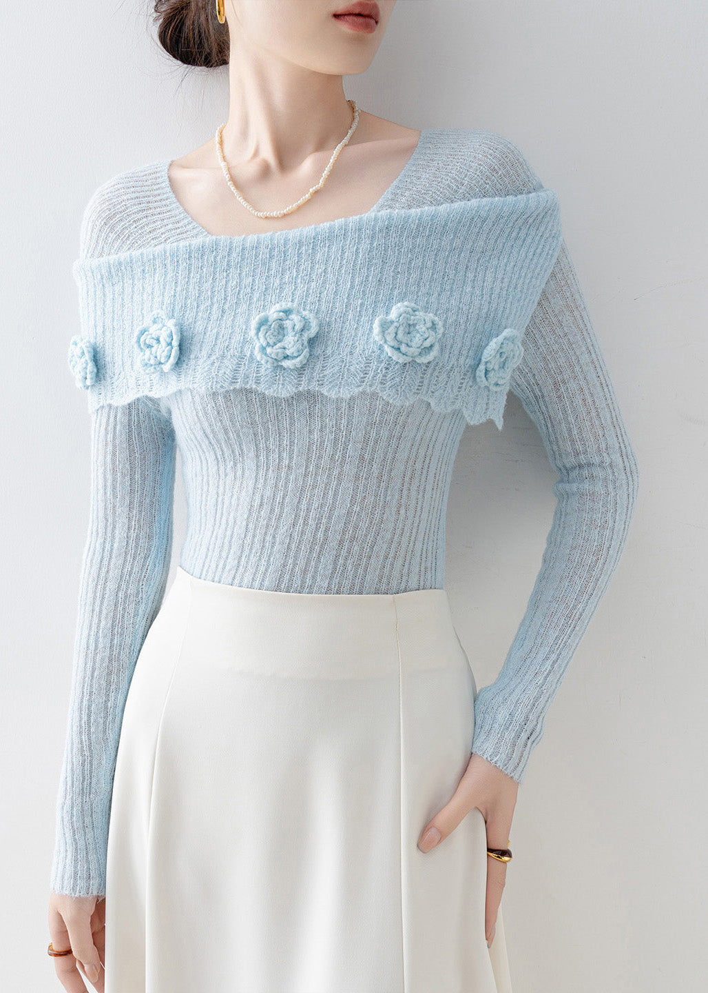 Art Blue Slash Neck Floral Slim Fit Knitted Tops Spring