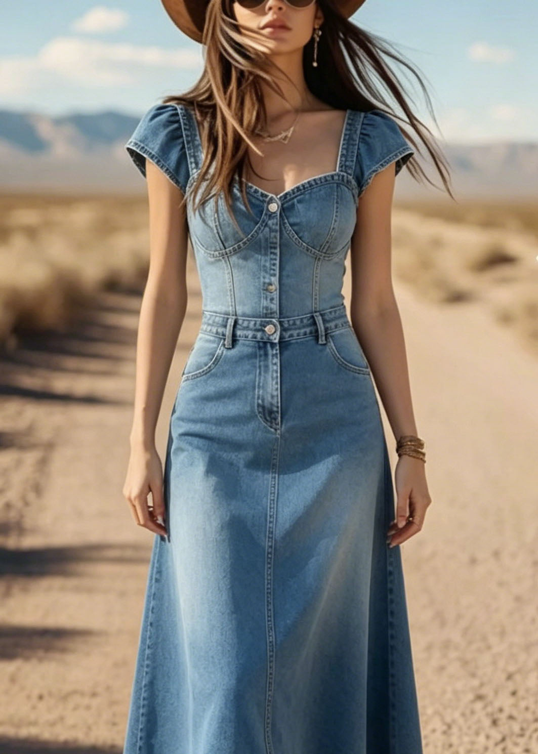 Art Blue Square Collar Patchwork Denim Dress Summer