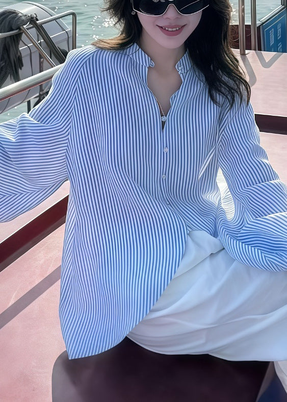 Art Blue Striped Side Open Cotton Blouses Lantern Sleeve