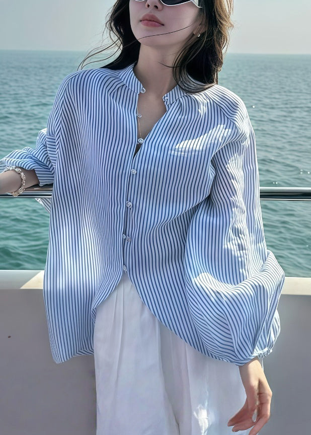Art Blue Striped Side Open Cotton Blouses Lantern Sleeve