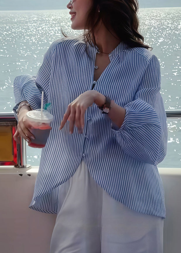 Art Blue Striped Side Open Cotton Blouses Lantern Sleeve