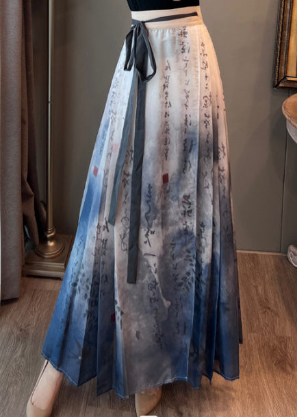 Art Blue Tie Dye Wrinkled Satin Chinese Style Skirts Summer