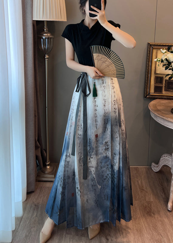 Art Blue Tie Dye Wrinkled Satin Chinese Style Skirts Summer