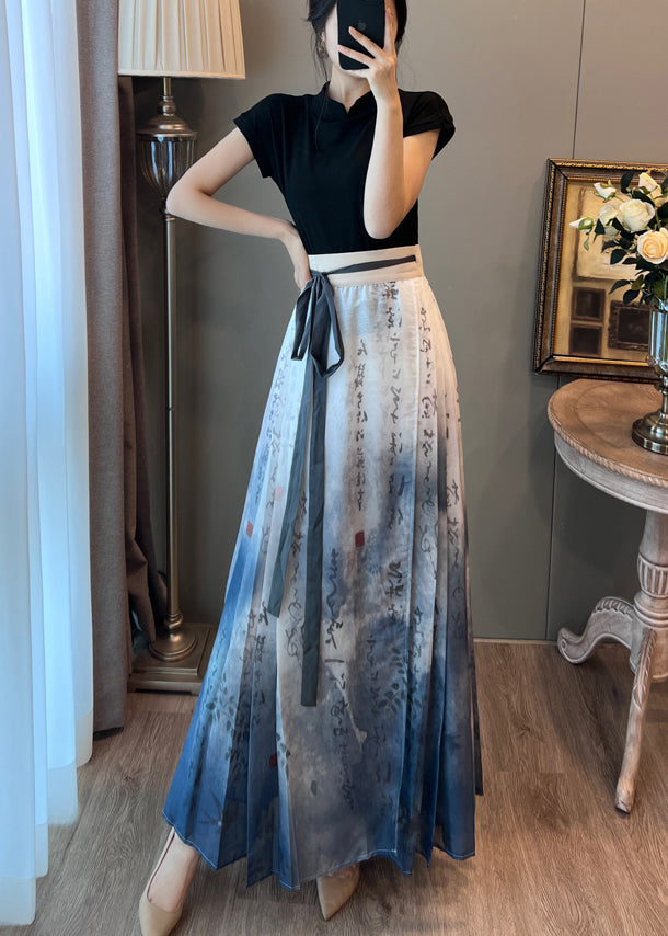 Art Blue Tie Dye Wrinkled Satin Chinese Style Skirts Summer