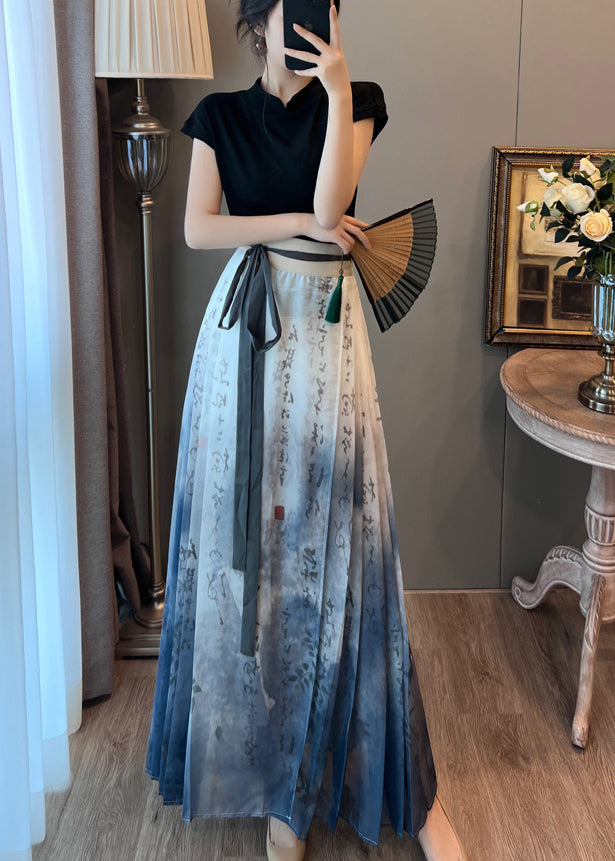 Art Blue Tie Dye Wrinkled Satin Chinese Style Skirts Summer
