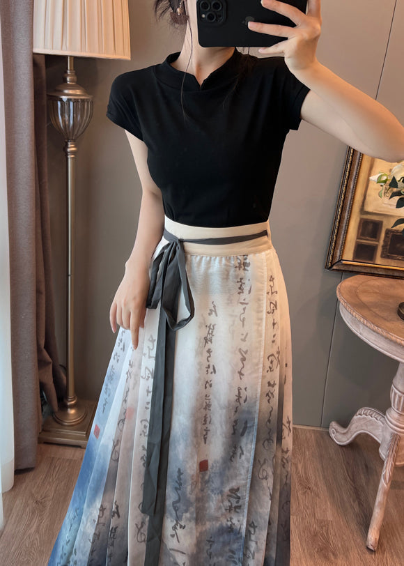 Art Blue Tie Dye Wrinkled Satin Chinese Style Skirts Summer