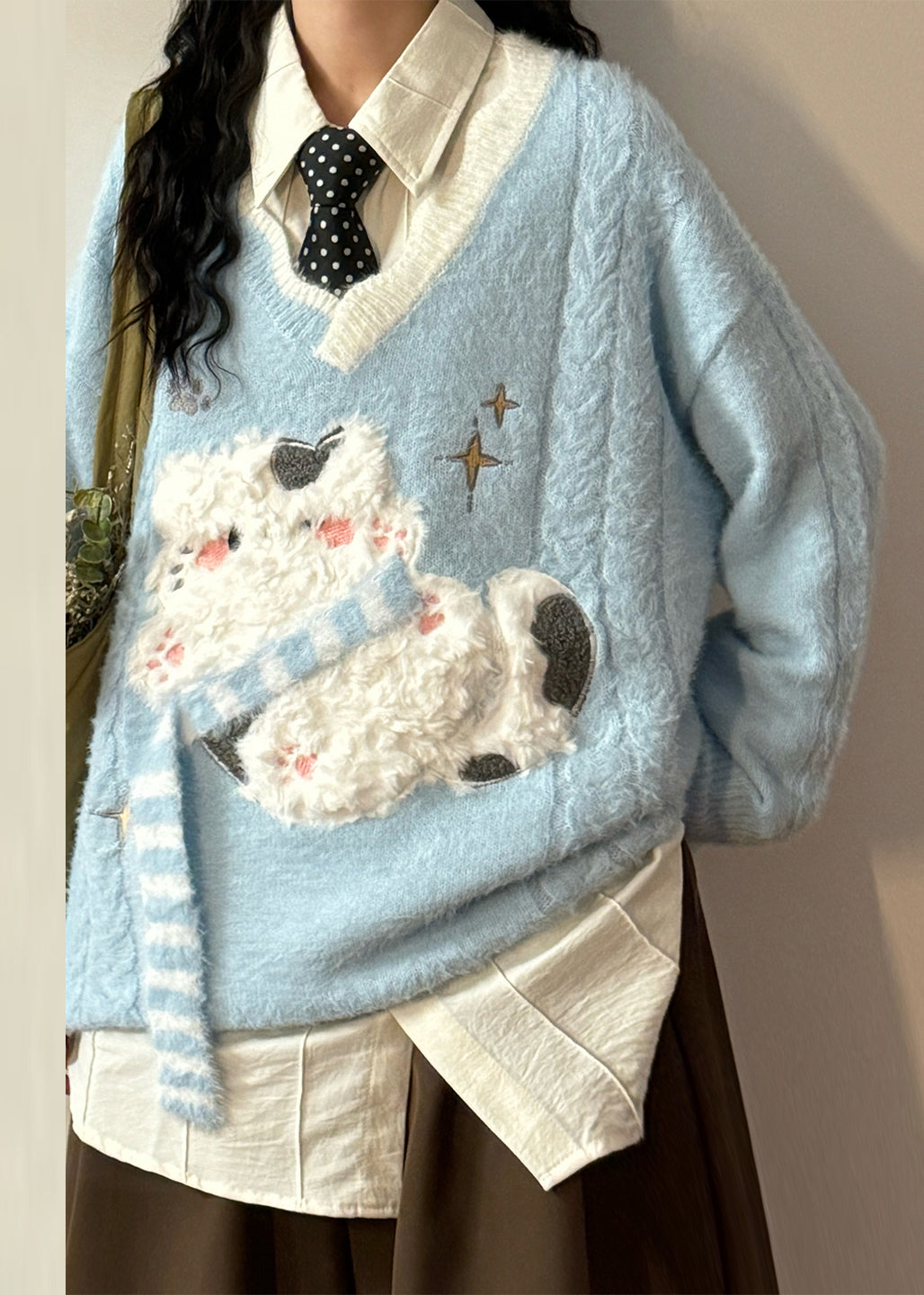 Art Blue V Neck Kitten Patchwork Cable Sweater Spring