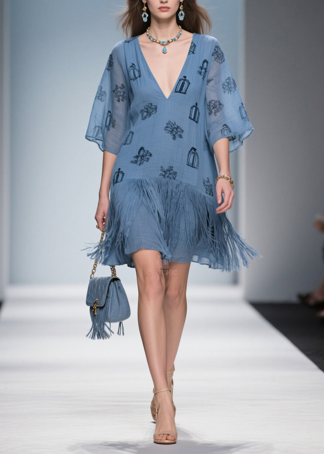 Art Blue V Neck Print Tassel Cotton Mid Dress Summer