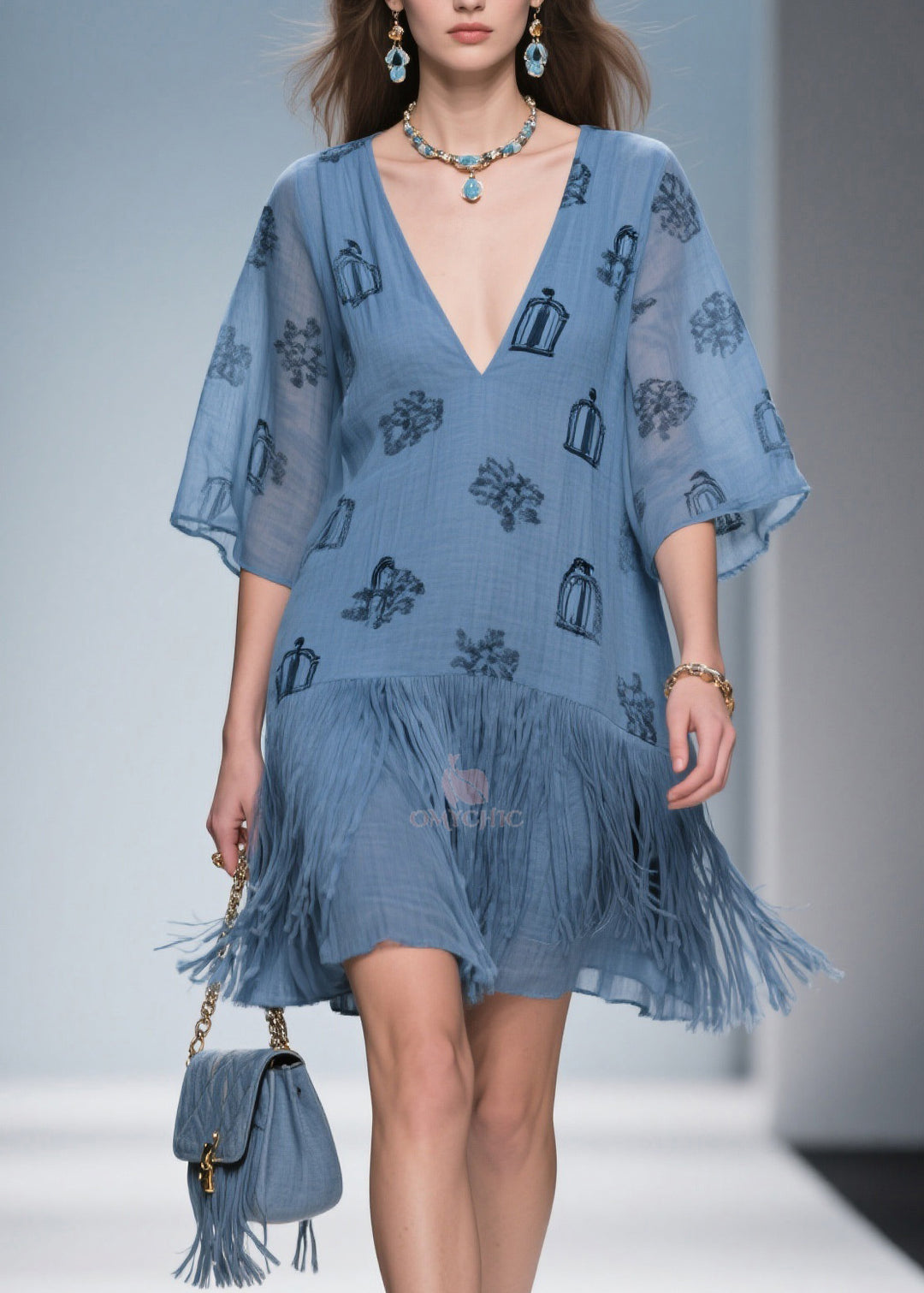 Art Blue V Neck Print Tassel Cotton Mid Dress Summer