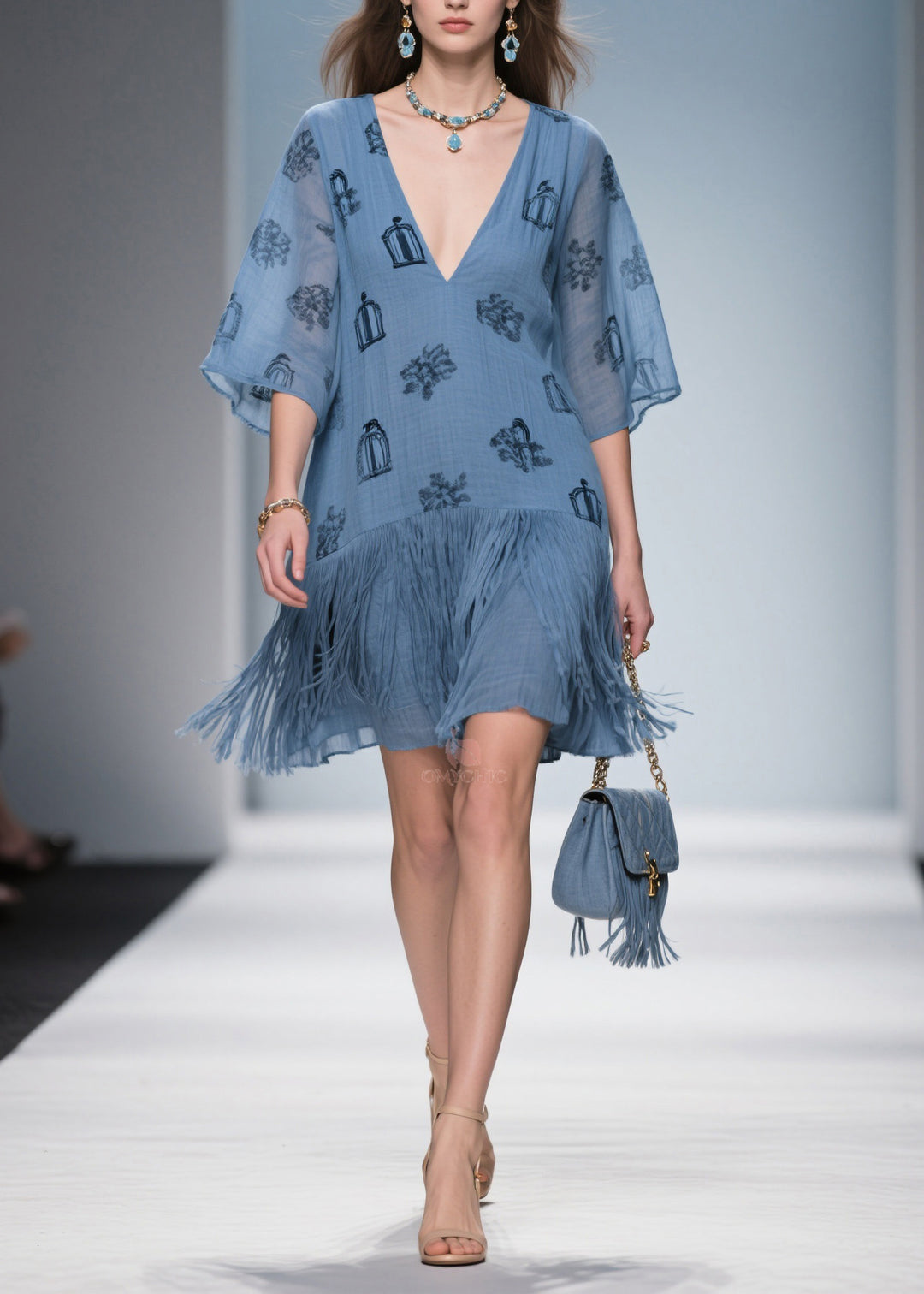 Art Blue V Neck Print Tassel Cotton Mid Dress Summer