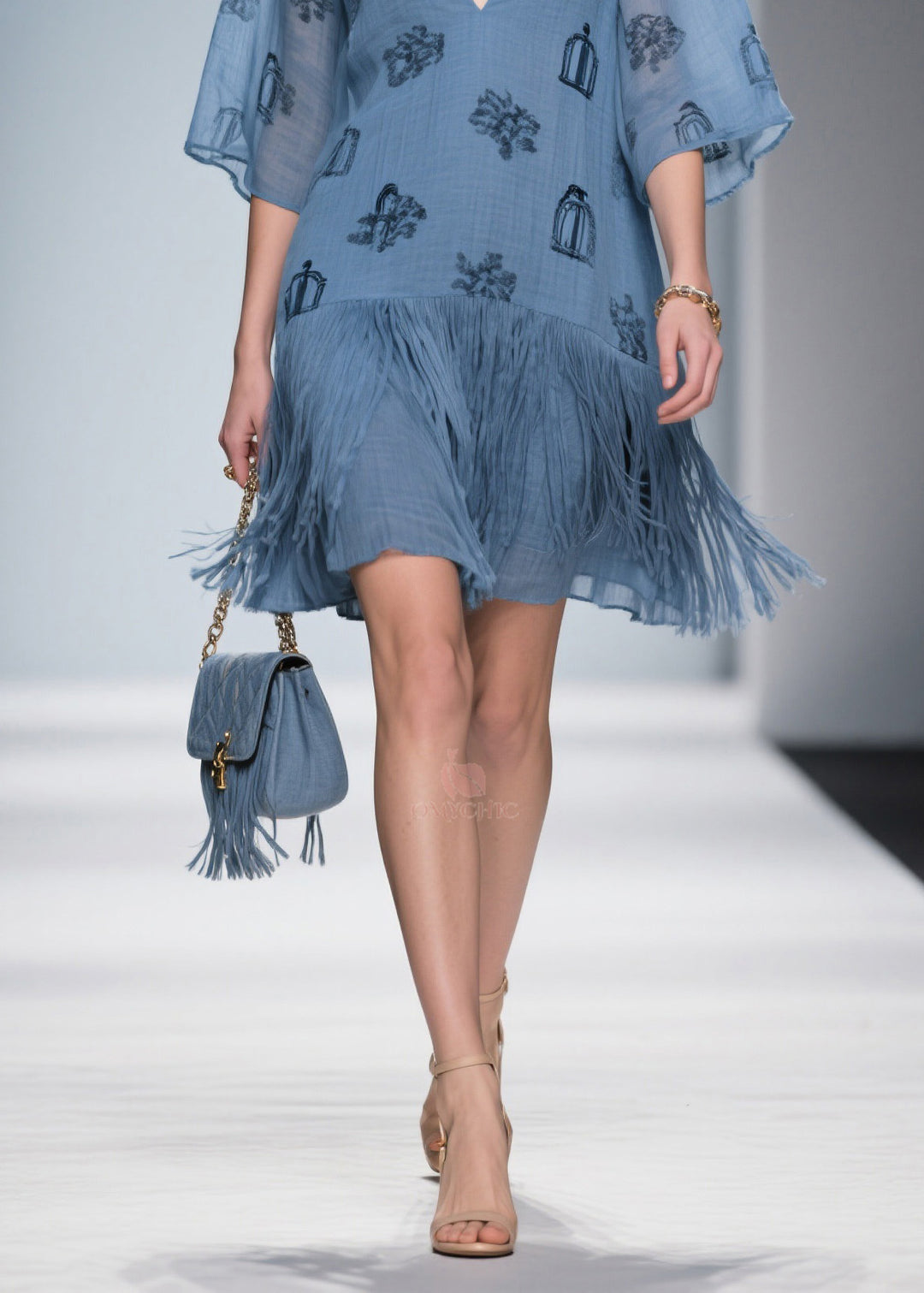 Art Blue V Neck Print Tassel Cotton Mid Dress Summer