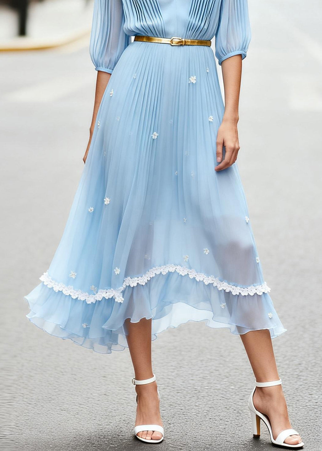 Art Blue V Neck Wrinkled Floral Chiffon Ankle Dress Summer