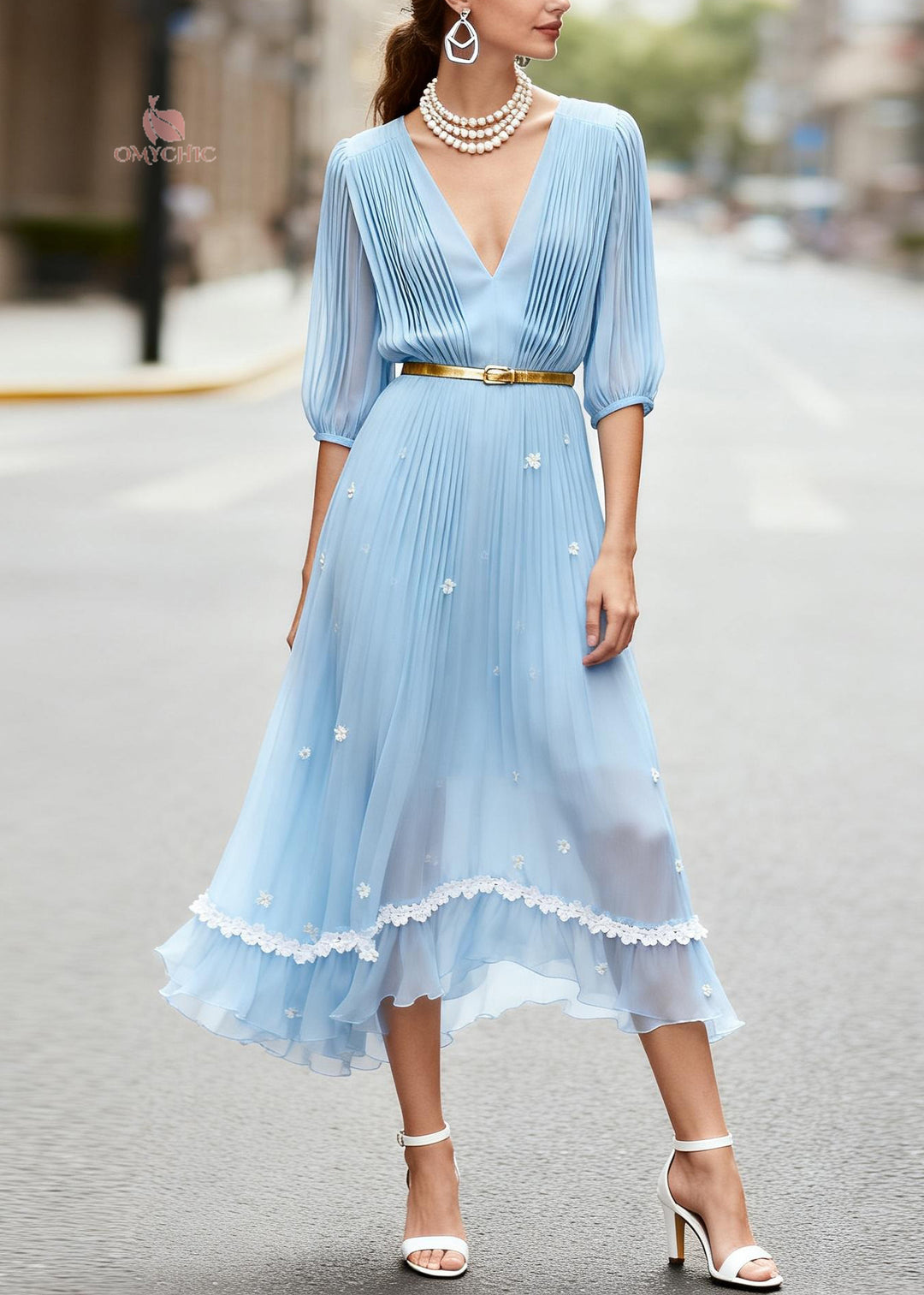 Art Blue V Neck Wrinkled Floral Chiffon Ankle Dress Summer