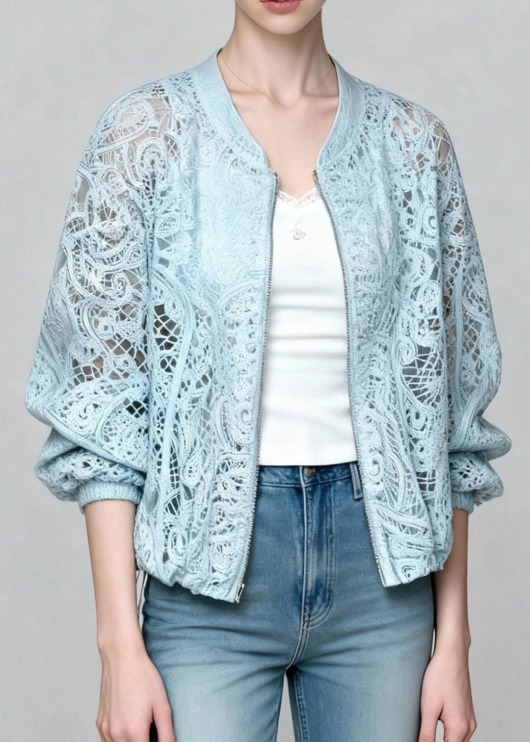 Art Blue Zippered Hollow Out Lace UPF 50+ Coat Jacket Summer