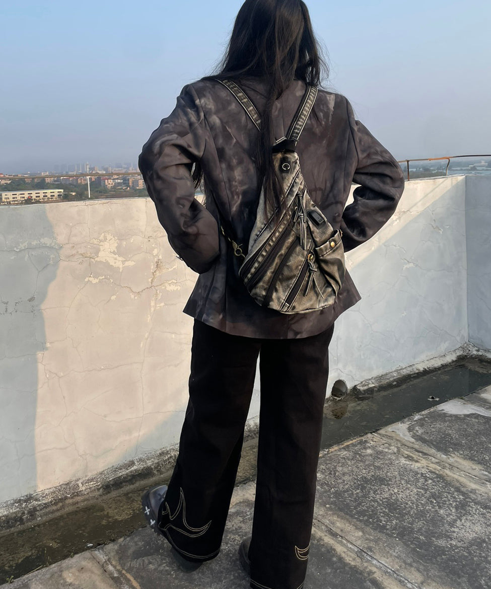 Art Blue Zippered Pockets Denim Backpack Bag