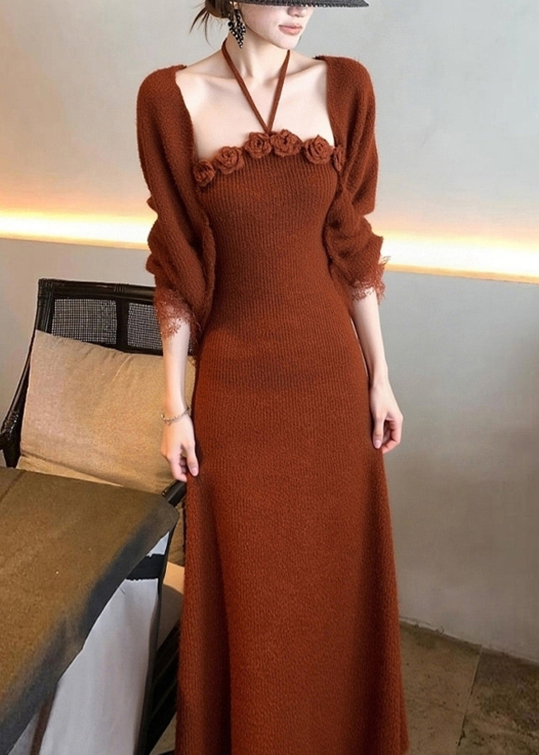 Art Brick Red Floral Cotton Knit Cardigans And Long Dress Two Piece Set Fall