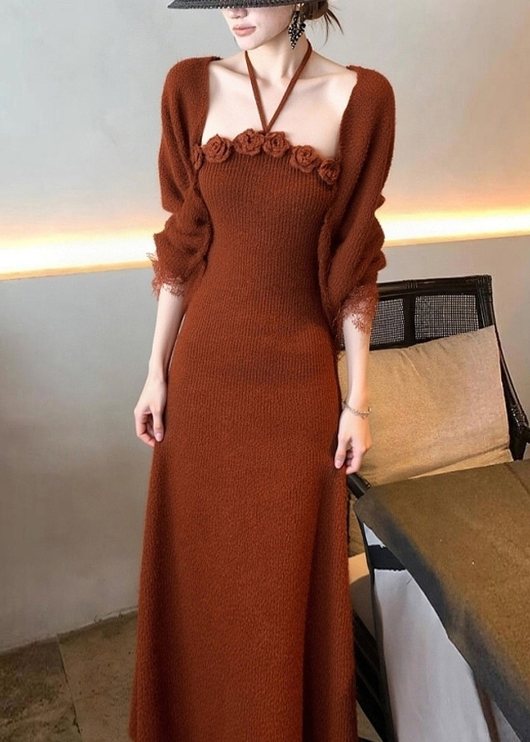 Art Brick Red Floral Cotton Knit Cardigans And Long Dress Two Piece Set Fall