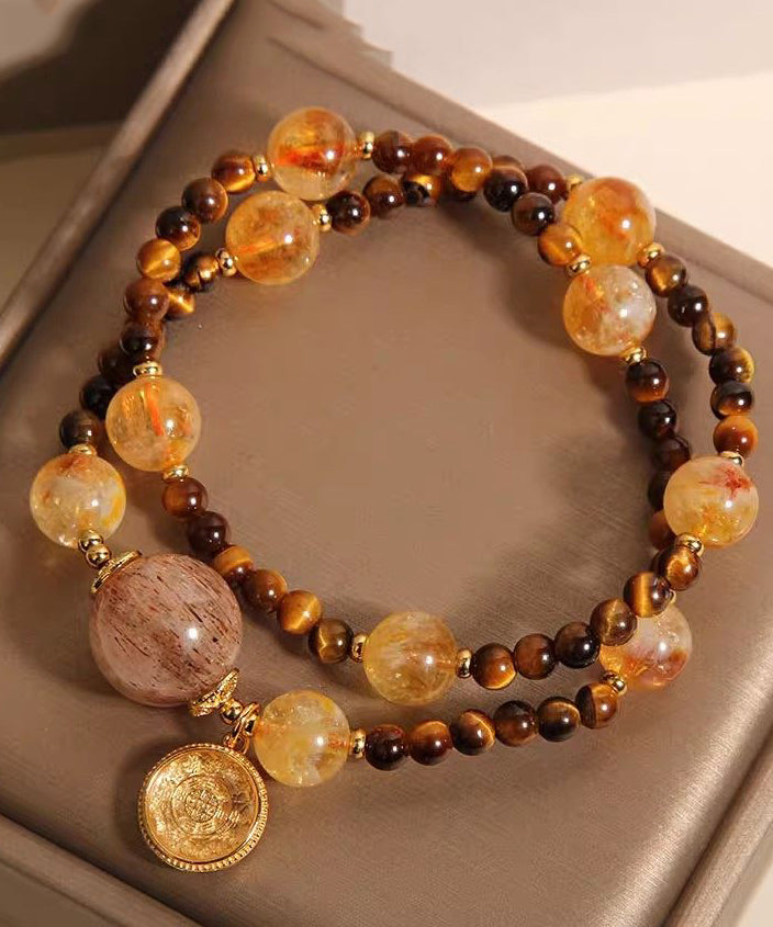 Art Brown Copper Overgild Crystal Tiger's Eye Beading Charm Bracelet - Omychic
