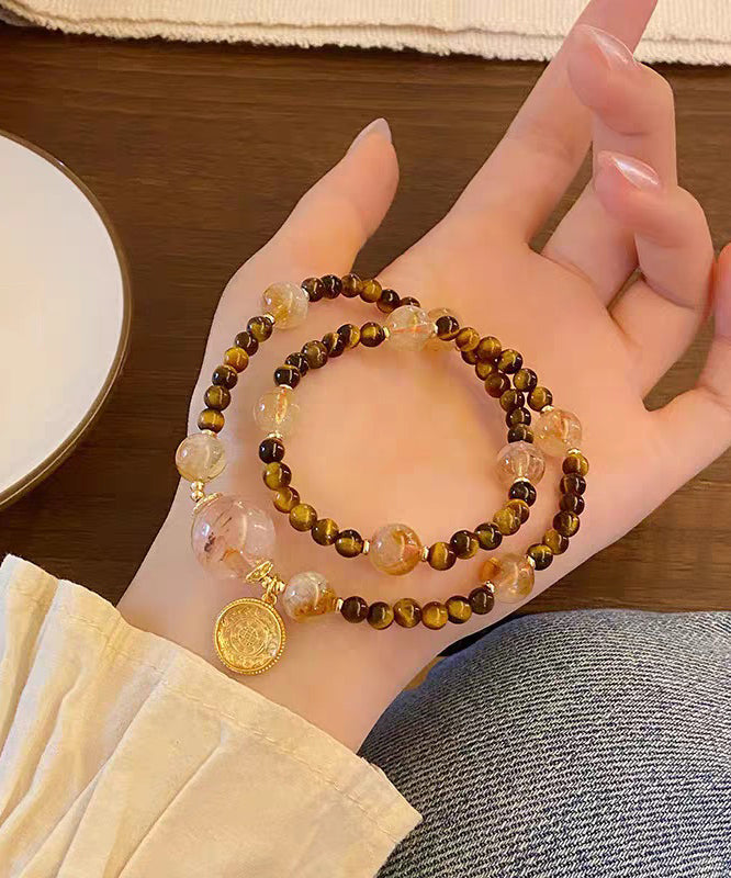 Art Brown Copper Overgild Crystal Tiger's Eye Beading Charm Bracelet - Omychic