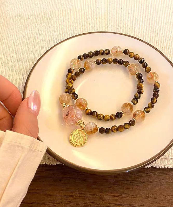 Art Brown Copper Overgild Crystal Tiger's Eye Beading Charm Bracelet - Omychic