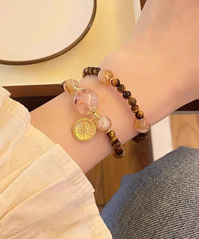 Art Brown Copper Overgild Crystal Tiger's Eye Beading Charm Bracelet - Omychic