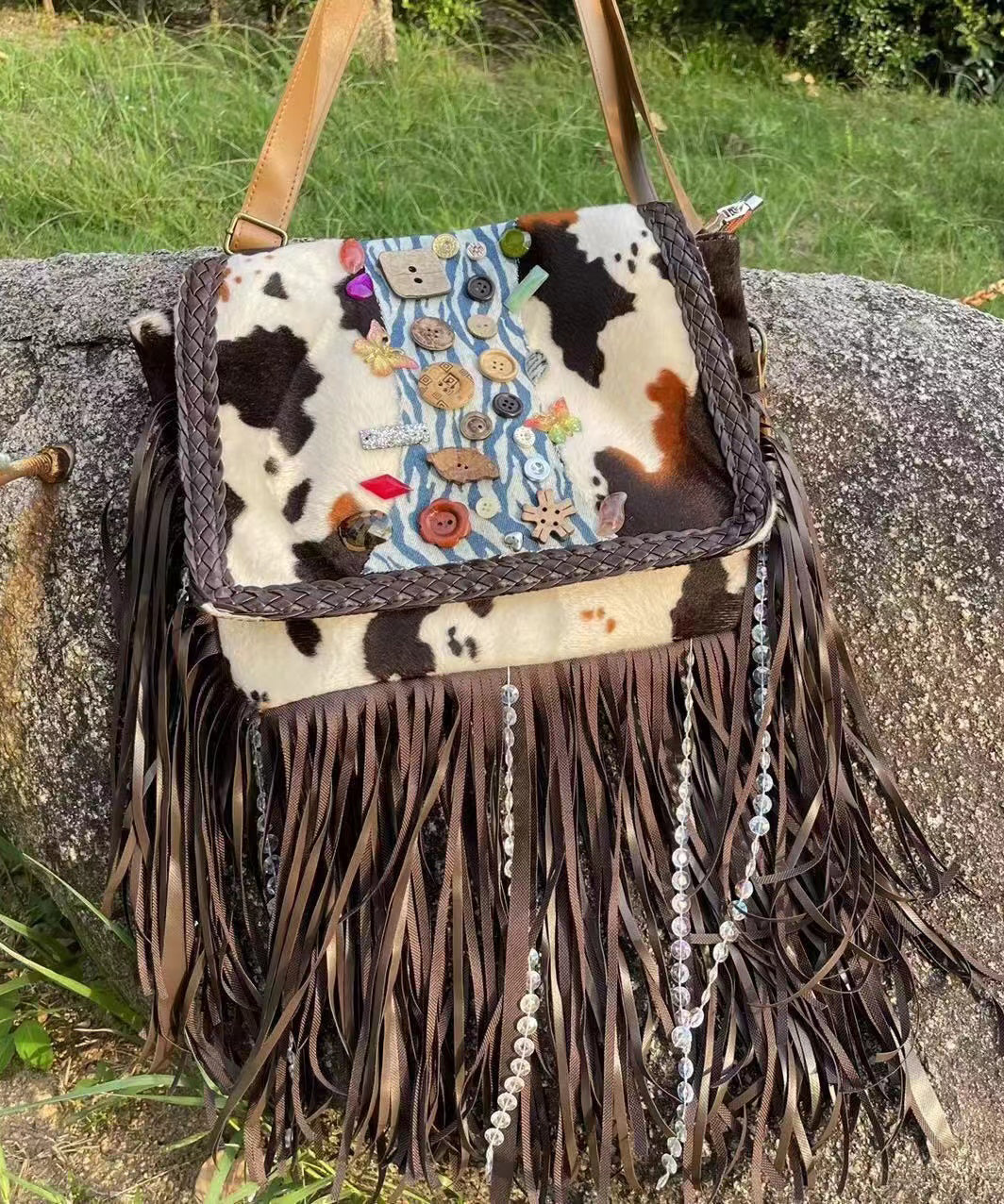 Art Brown Fringe Trim Buttons Decorated Faux Suede Messenger Bag